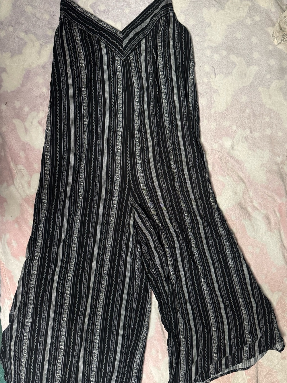 Striped Black & Gray Spaghetti-Strap Jumpsuit